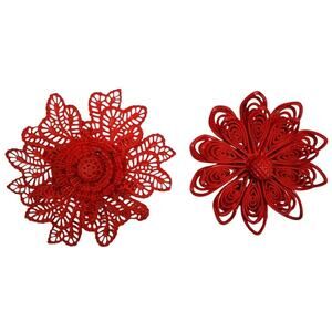 Vintage Art Deco Floral Brooches Red Celluloid Pair Statement‎ Glam Jewelry